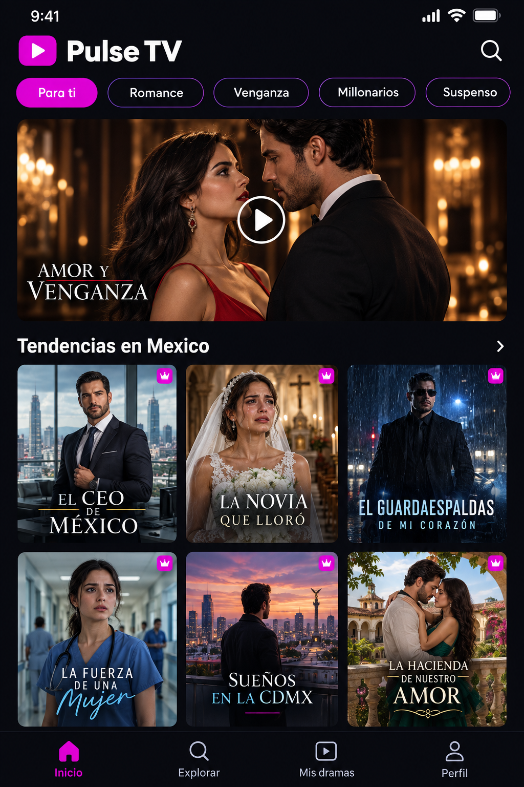 Pantalla de inicio con los dramas en tendencia